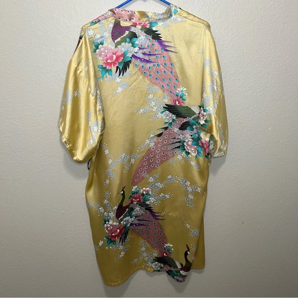 Jin Hon Gold Satin Peacock Floral Kimono Robe OS Artsy Loungewear Lightweight